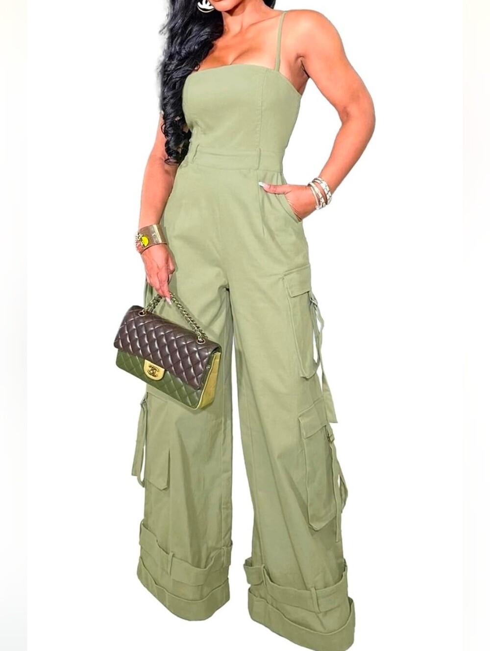 Olive Green Cargo Wide-Leg Jumpsuit